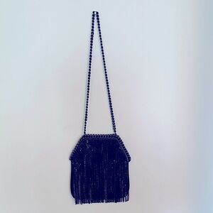 NWOT Jessica McClintock Chrissy Black Curtain Rhinestone Fringe Evening Bag
